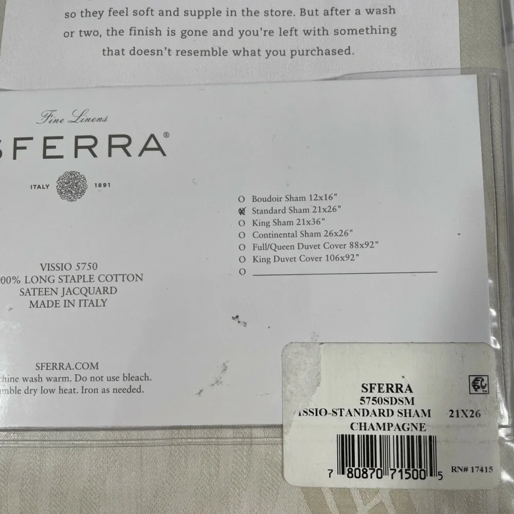 NIB SFERRA Vissio [‎ 1 Standard ] Pillow Sham in Champagne [ 21 x 26 ]